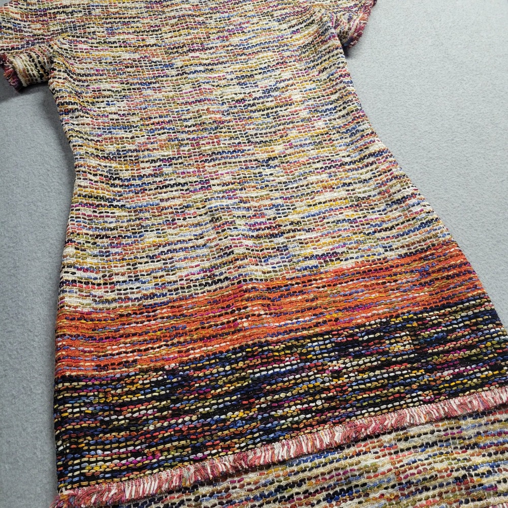 St John Multi Color Tweed Knit Sheath Dress Short Sleeve Fringe Hem Size 8